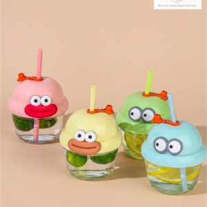 Cartoon Glass Mug with Lid and Straw, Reusable Travel Coffee Sipper Mug for Juice (Pack of 2)