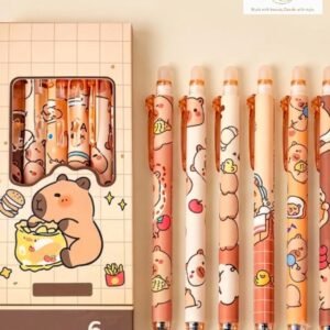 6Pcs Erasable Gel Pens with Rubber Eraser Cap Blue Ink Cute Cartoon Capybara Student Writing Pens Office Stationeries Gift Set