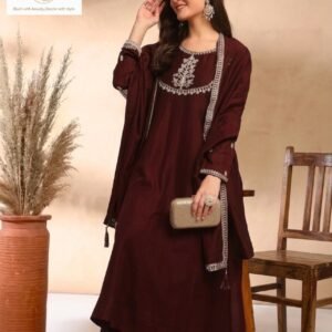 Women's Silk Embroidered Anarkali Kurta and Pant with Dupatta Set; Size- L